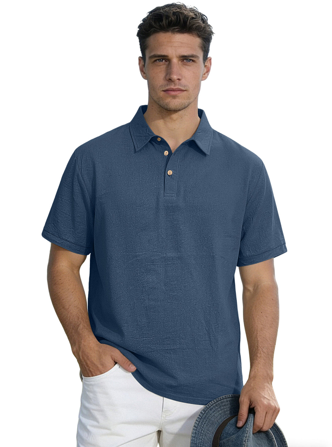 Herren nan legeres Kurzarm-Polo mit Hemdkragen, Kurzknopfleiste und strukturierter Baumwollmischung R&B