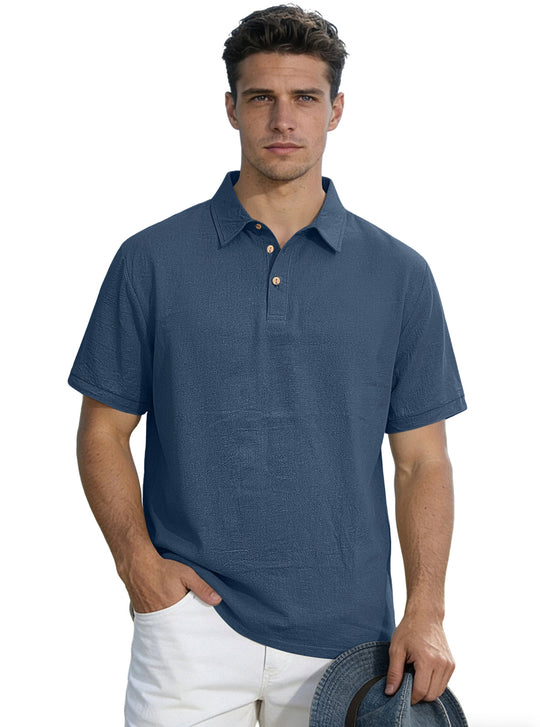 Herren nan legeres Kurzarm-Polo mit Hemdkragen, Kurzknopfleiste und strukturierter Baumwollmischung R&B