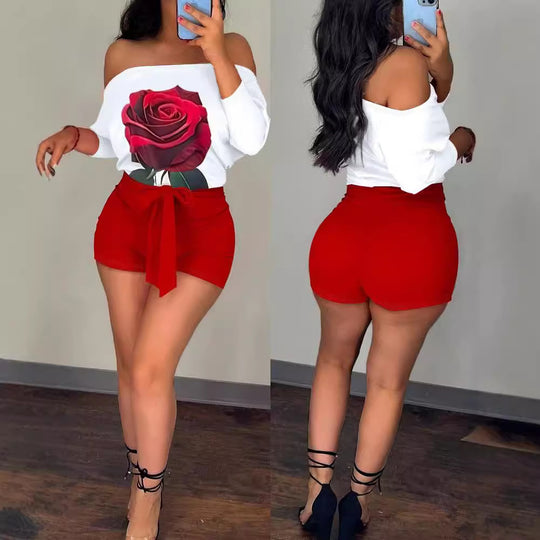 Damen Off-Shoulder Oberteil mit floraler Grafik und gestreifter Shorts R&B