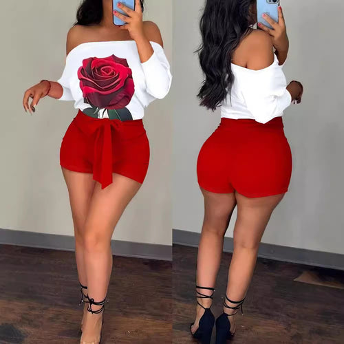 Damen Off-Shoulder Oberteil mit floraler Grafik und gestreifter Shorts R&B