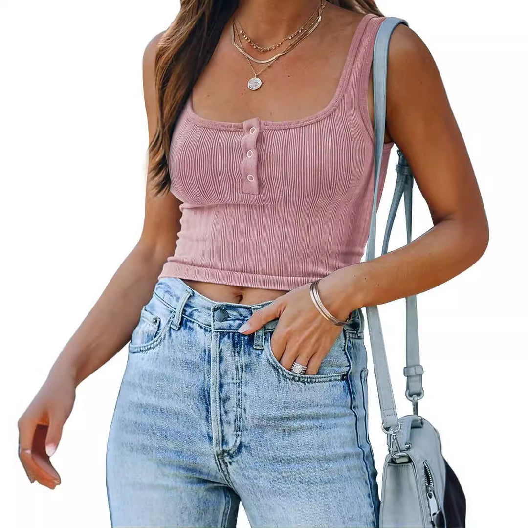 Damen figurbetontes Tanktop mit Knopfdetails und Rippenstruktur R&B