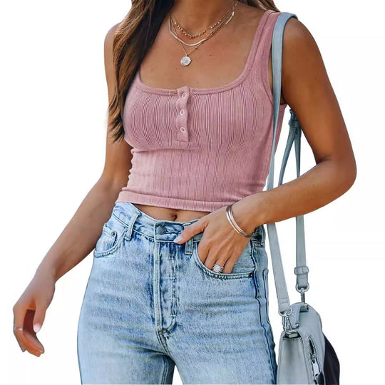Damen figurbetontes Tanktop mit Knopfdetails und Rippenstruktur R&B