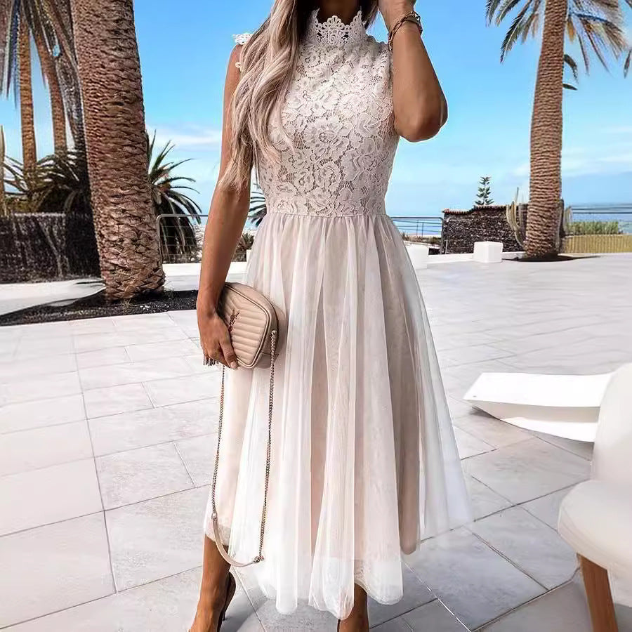 Damen Spitzenkleid mit hohem Kragen und schwungvollem Rock R&B
