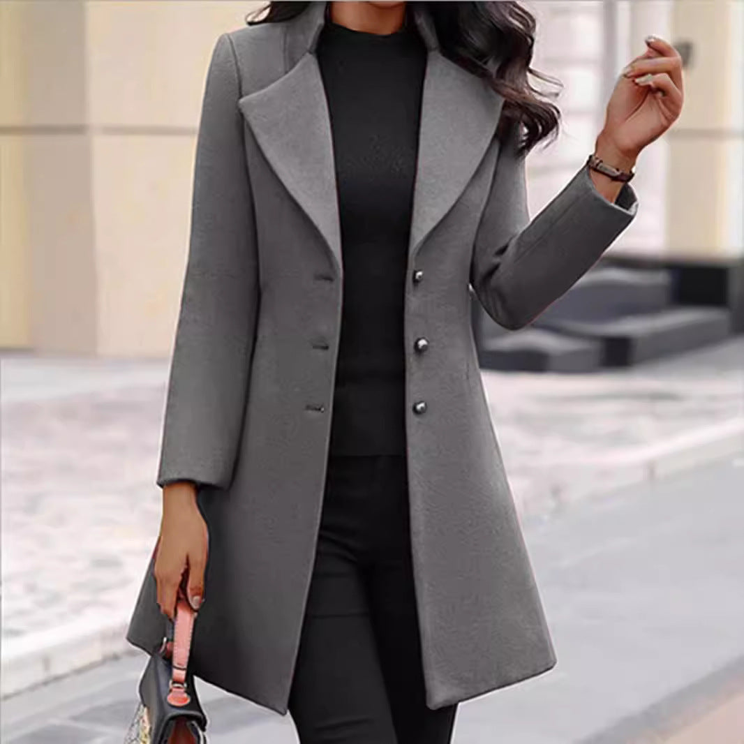 Damen zeitloser Wollmantel mit stilvollem Revers und eleganter Knopfleiste R&B