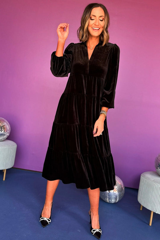 Damen elegantes Maxikleid aus samtigem Material mit großzügigen Rüschendetails R&B
