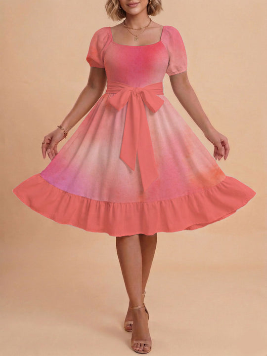 Damen Retro Maxikleid mit Puffärmeln und Taillengürtel R&B