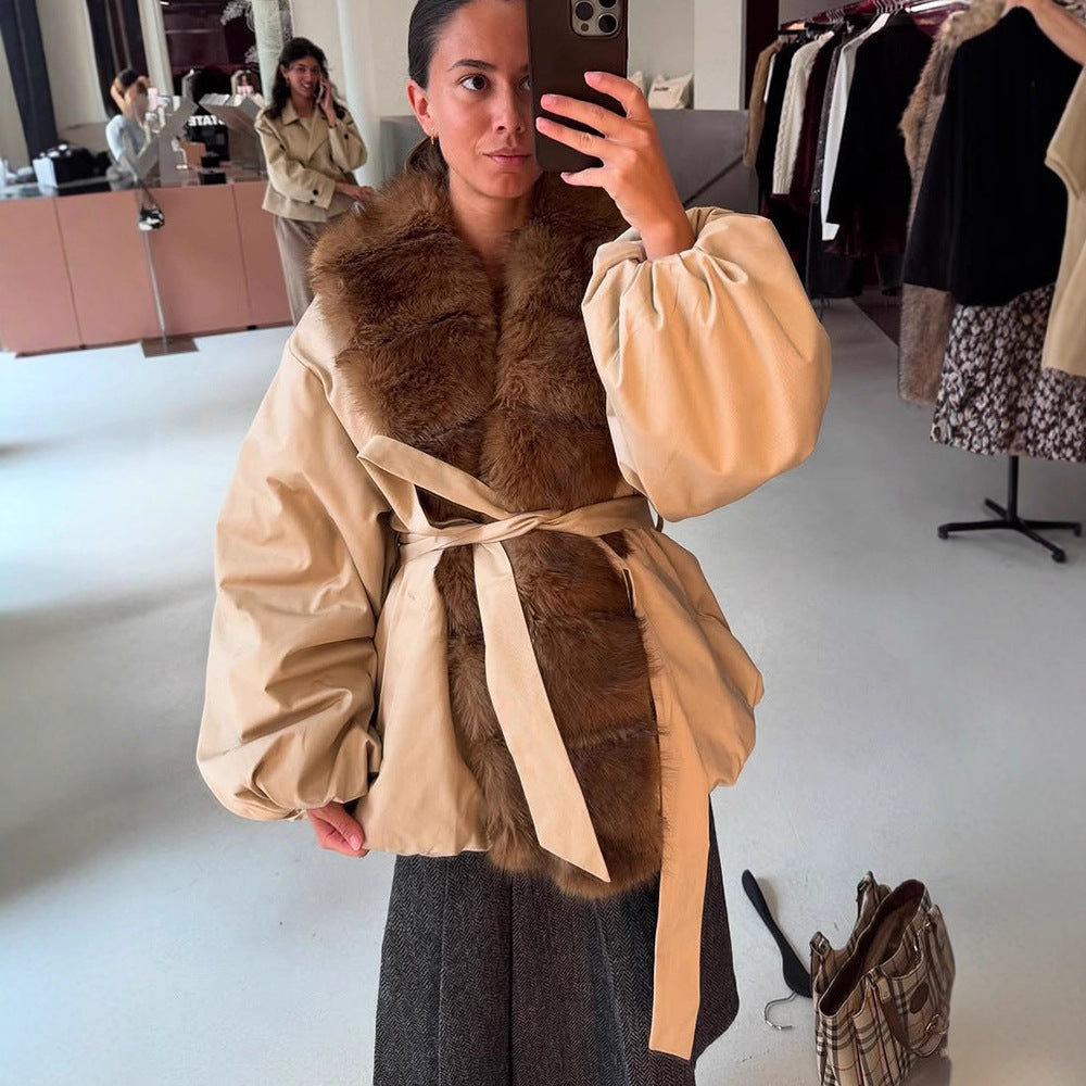 Damen modische Übergangsjacke mit voluminösen Ärmeln und luxuriösem Kunstpelzkragen R&B