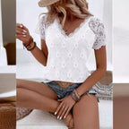 Damen nan leichtes Spitzenblusen Top mit V-Ausschnitt und Lochstickerei R&B