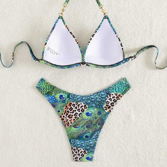 Damen Triangel-Bikini mit lebendigem Tier- und Pfauenmotiv R&B