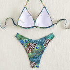 Damen Triangel-Bikini mit lR&Bendigem Tier- und Pfauenmotiv R&B