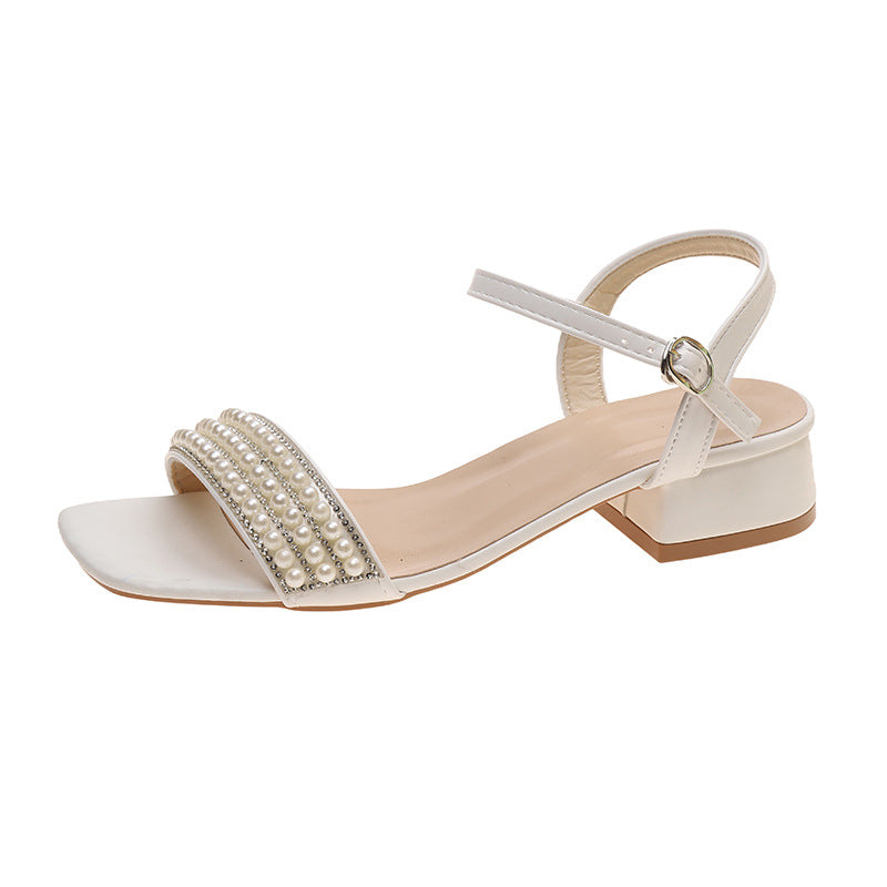 Damen elegante Sandalen mit Perlenverzierung und niedrigem Blockabsatz R&B
