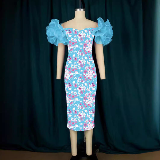 Damen Elegantes Midi-Kleid mit innovativen Puffärmeln und kunstvollem Druck R&B