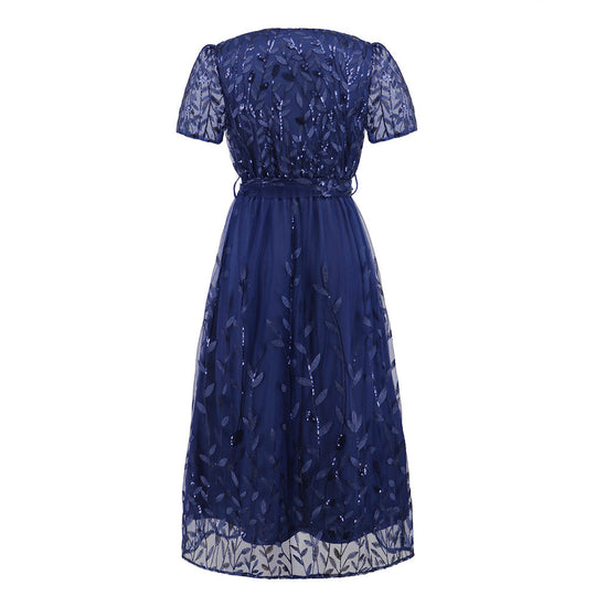 R&B | Kurzärmliges Kreuz V-Ausschnitt Gürtel Midi Kleid
