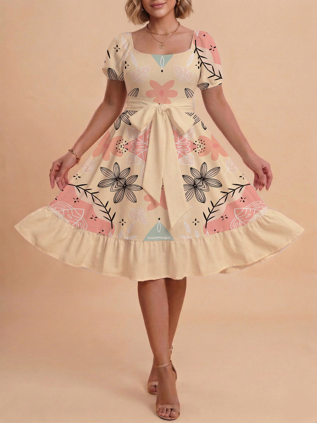 Damen Sommerkleid mit floralem Puffärmel und taillierbarem Gürtel R&B