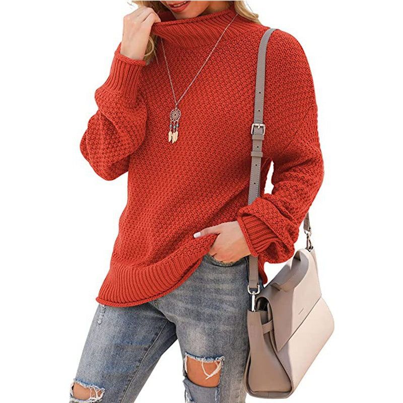 Damen Grobstrickpullover mit hohem Kragen und bequemen Ärmeln R&B