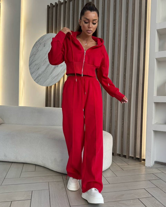 Damen sportliches Set aus cropped Kapuzenjacke und bequemen, lockeren Sporthosen R&B