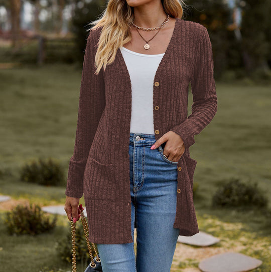 Damen Strickjacke mit langen Ärmeln und praktischen Taschen R&B