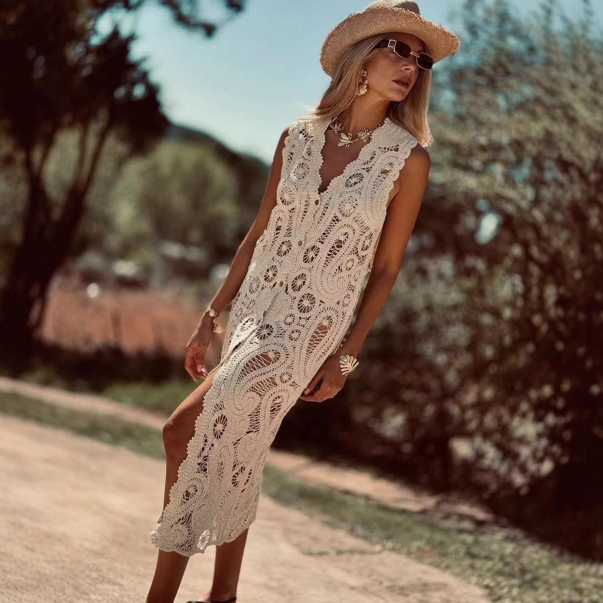 Damen Häkel-Überwurfkleid mit seitlichem Schlitz