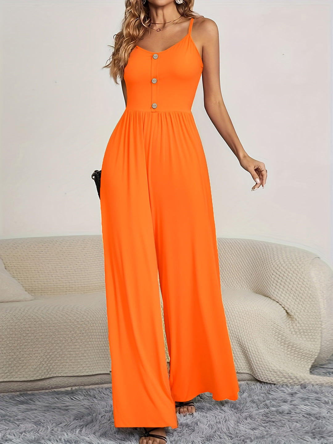 Damen Jumpsuit mit knöpfbarem Oberteil und weitem Bein R&B