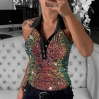 Damen Glitzerndes Poloshirt mit Leopardenmuster