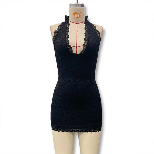 Damen Spitzenkleid mit tiefem Halterneck und figurbetontem Schnitt R&B
