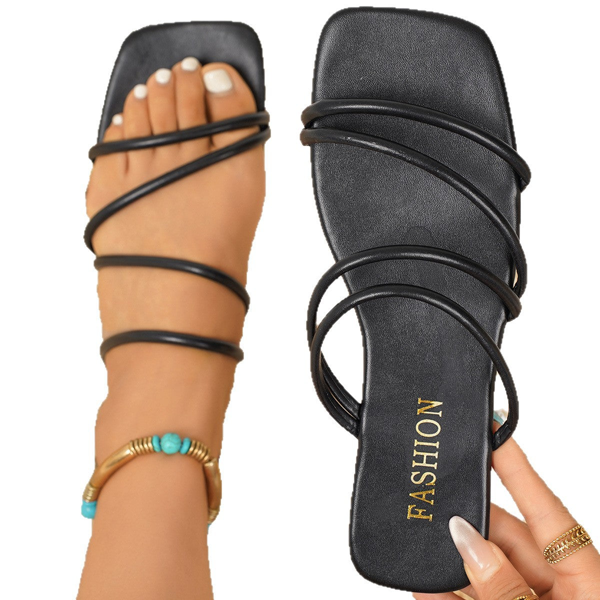 Damen Flache Slides mit eleganten mehrfachen Riemen R&B