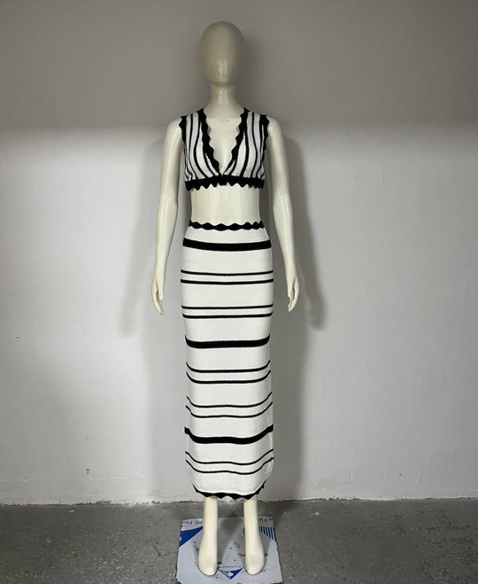 Damen gestricktes Crop-Top und Maxi-Rock Set R&B
