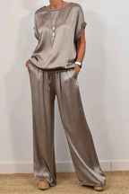 Damen Elegantes Satin Lounge-Set mit weitem Schnitt und lässigem Oberteil R&B