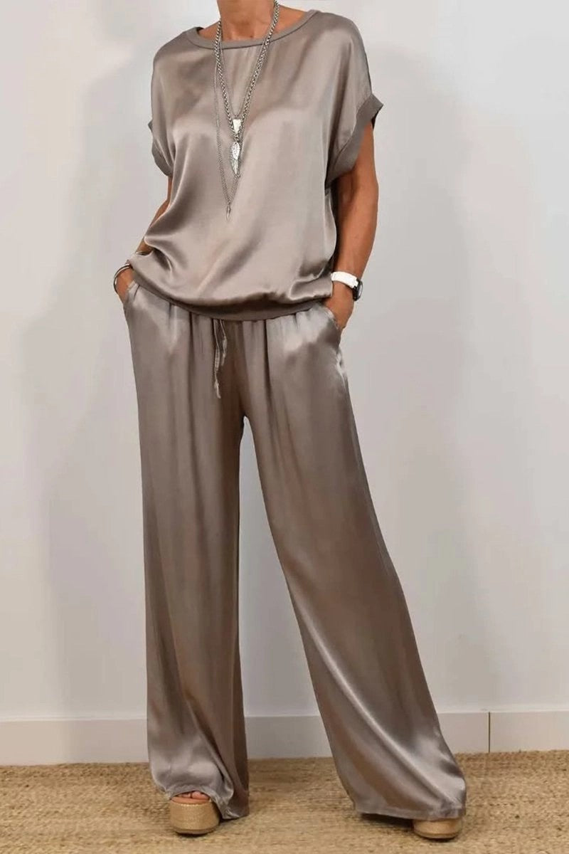 Damen Elegantes Satin Lounge-Set mit weitem Schnitt und lässigem Oberteil R&B