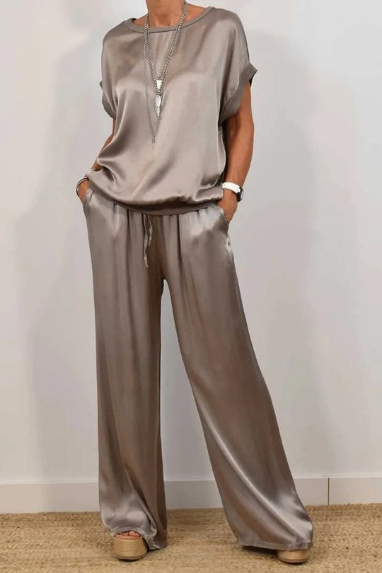Damen Elegantes Satin Lounge-Set mit weitem Schnitt und lässigem Oberteil R&B