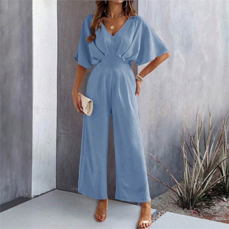 Damen Eleganter Jumpsuit mit weit geschnittenem Bein und schickem V-Ausschnitt R&B