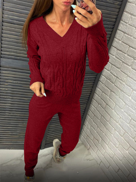 Damen gemütlicher Strickanzug mit V-Ausschnitt und Zopfdesign R&B