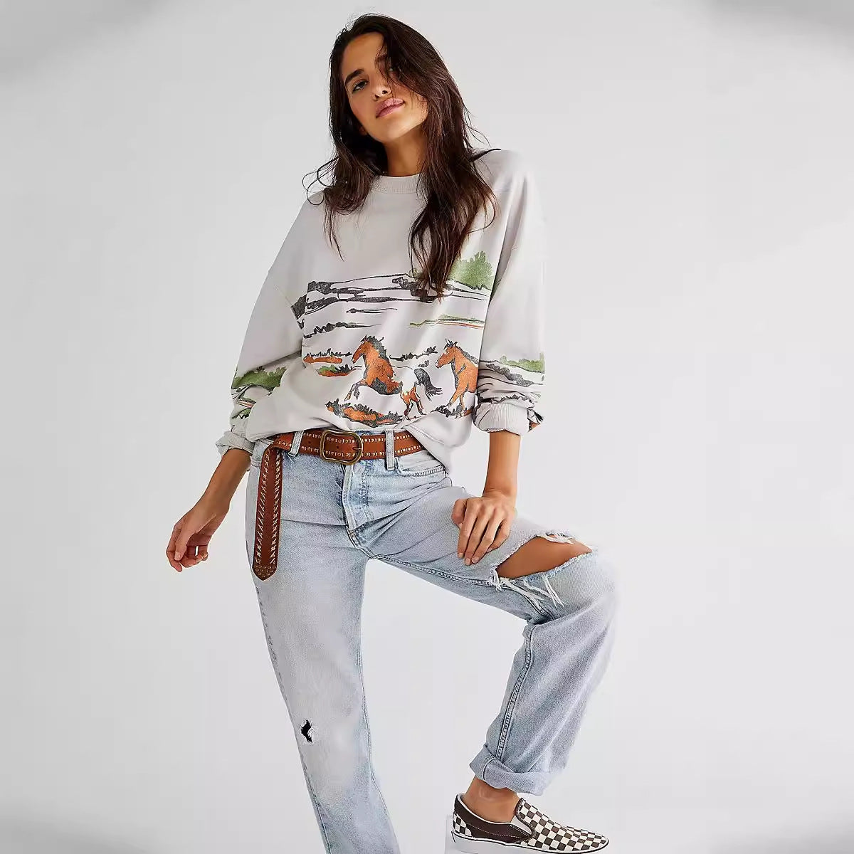 Damen Sweatshirt mit kreativer Pferdemotiv-Grafik und lässigem Schnitt R&B