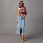 Damen Lässiger Denim Rock mit seitlichem Schlitz und fransigem Saum R&B