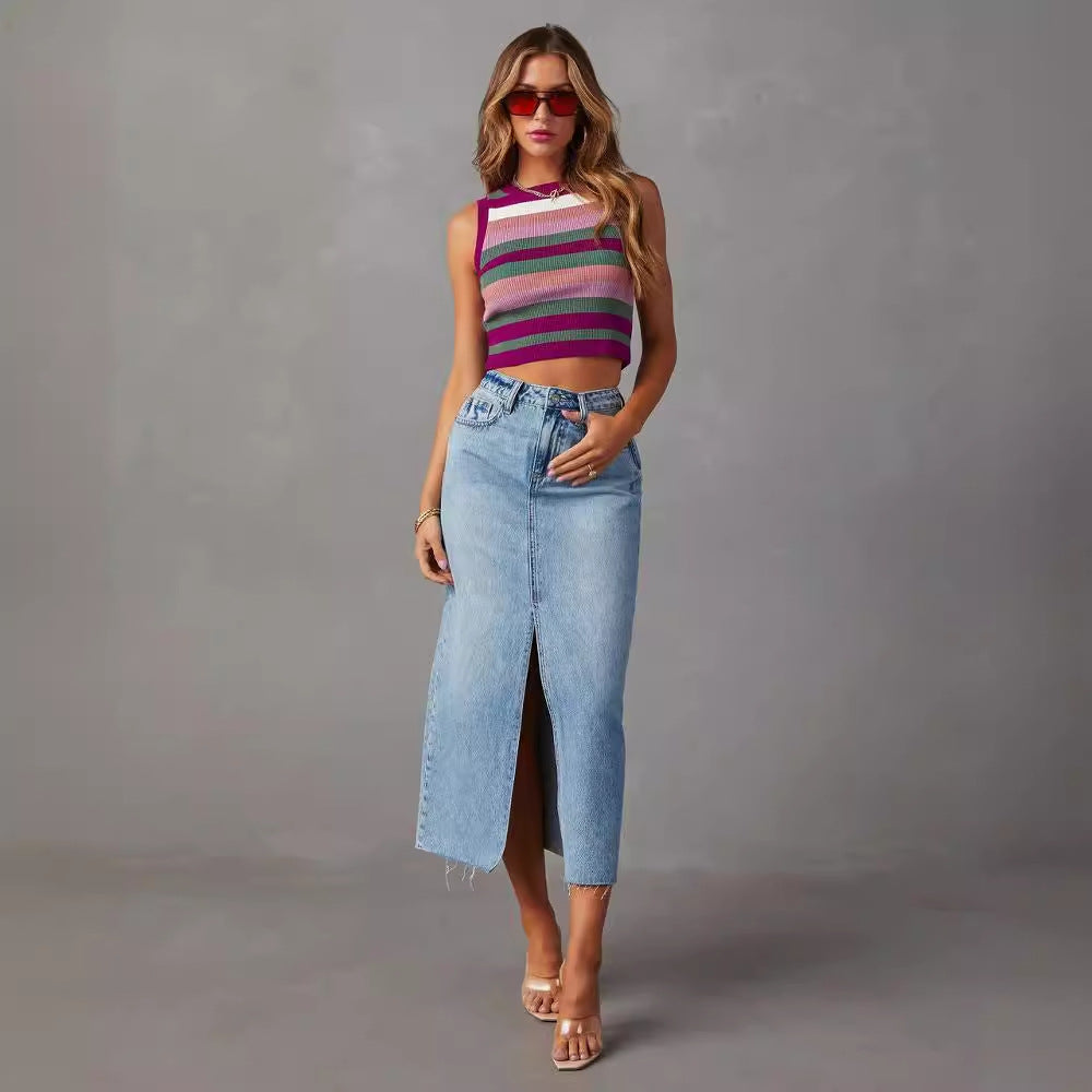 Damen Lässiger Denim Rock mit seitlichem Schlitz und fransigem Saum R&B