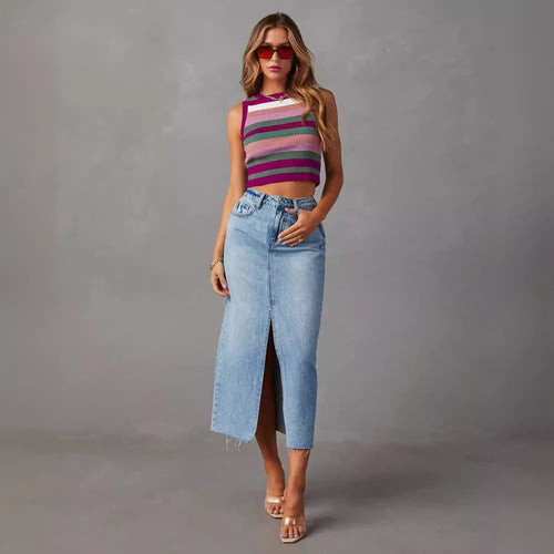 Damen Lässiger Denim Rock mit seitlichem Schlitz und fransigem Saum R&B