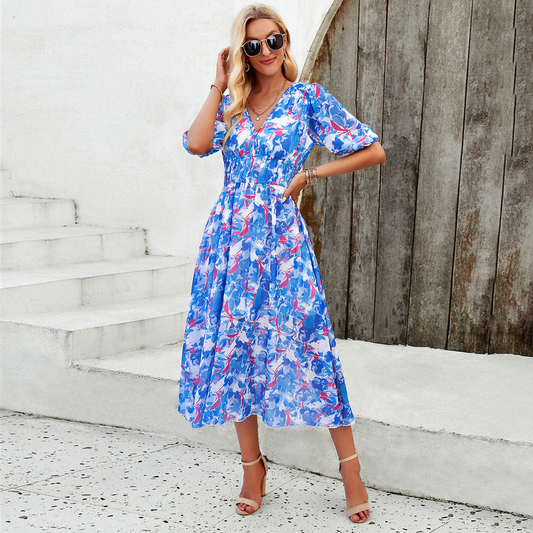 Damen Midikleid mit eleganten Puffärmeln und romantischem Blumenmuster R&B