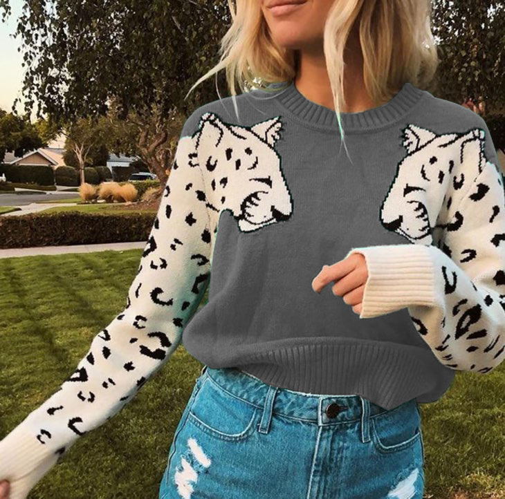 Damen Kuscheliger Pullover mit lebhaftem Tiermotiv und kontrastierenden Ärmeln R&B