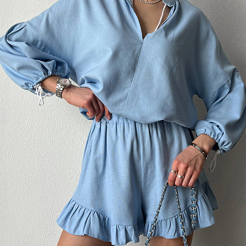 Damen stilvolles Blusenshorts-Set mit Rüschendetails R&B