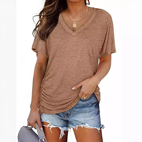 Damen V-Ausschnitt T-Shirt mit dekorativem Raffungseffekt R&B