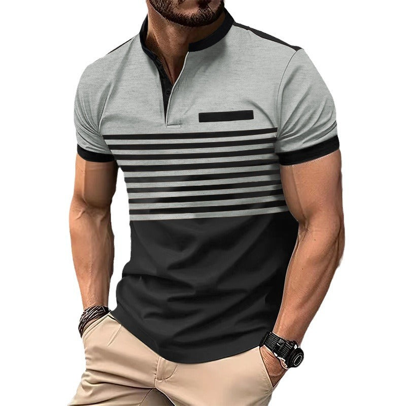 Herren nan kurzärmeliges Henley-Oberteil mit kurzer Knopfleiste, Brustpaspel und Blockstreifen R&B