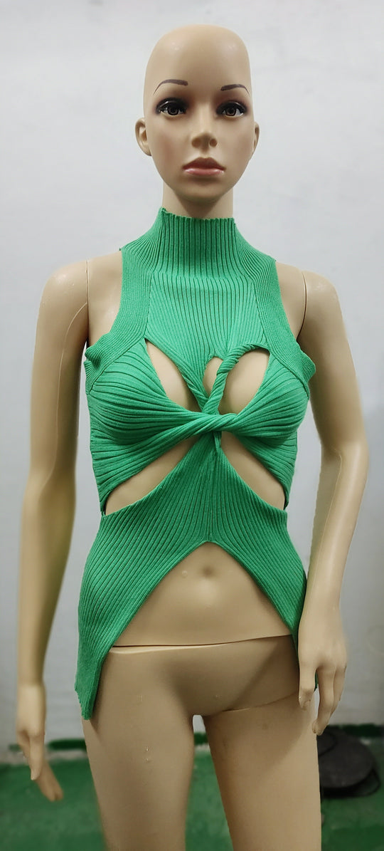 Damen figurbetontes Cut-Out Top mit hohem Kragen R&B