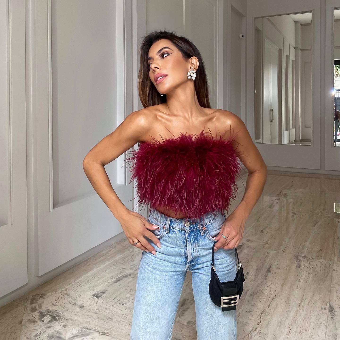 Damen Glamouröses Plüsch-Top mit abnehmbaren Trägern und fransigen Details R&B