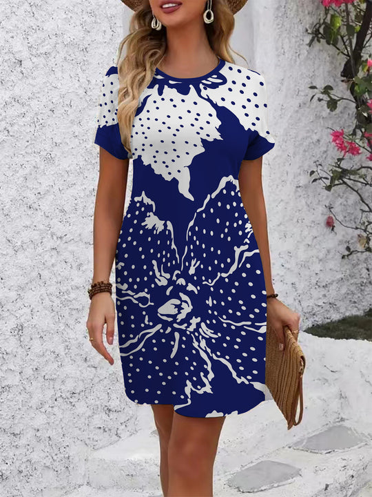 Damen lässiges Blümchenkleid mit Rundhalsausschnitt und lockerer Passform R&B