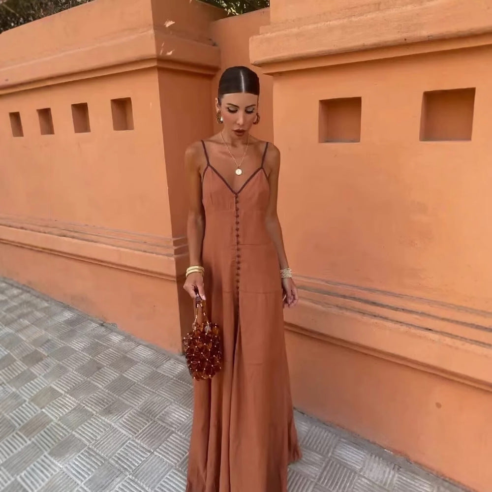 Damen Maxi-Kleid mit feinen Knopfdetails und zartem V-Ausschnitt R&B