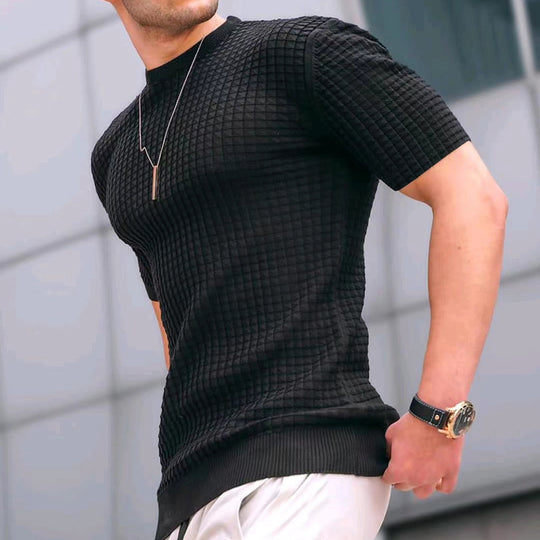 Herren nan Waffelstruktur-Kurzarm-Strickshirt mit schmaler Passform und elastischem Rippsaum R&B