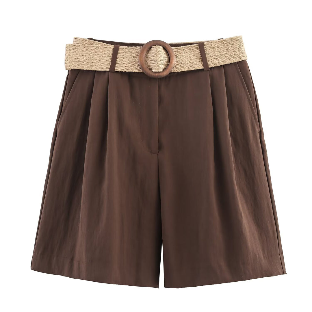 Damen elegante Shorts mit breitem, geflochtenem Gürtel R&B