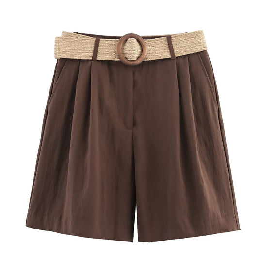 Damen elegante Shorts mit breitem, geflochtenem Gürtel R&B