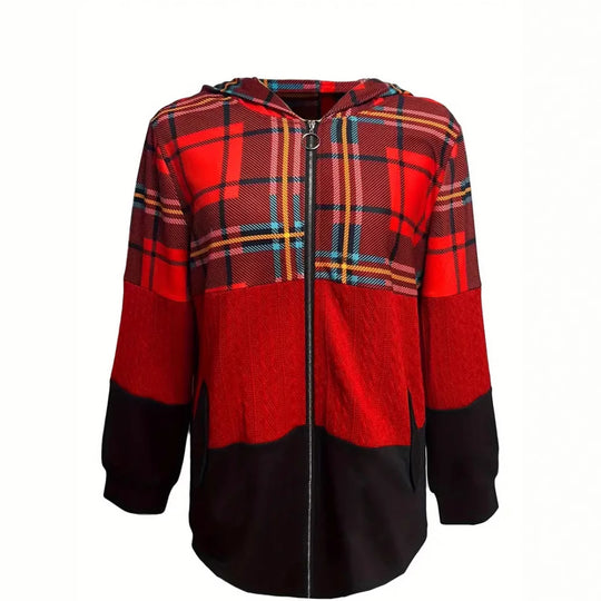Damen nan lange Kapuzenjacke im Patchwork-Stil mit Karo‑ und Strickeinsätzen, Frontreißverschluss und Eingrifftaschen R&B