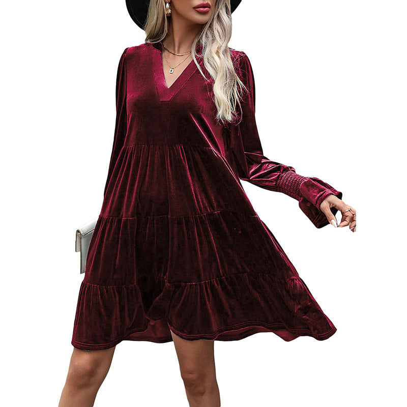 Damen V-Ausschnitt Mini-Kleid mit voluminösen Ärmeln und Rüschendesign R&B